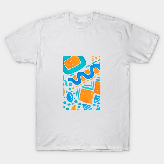 Vibrant blue and orange shapes are scattered across a clear background T-Shirt by downundershooter